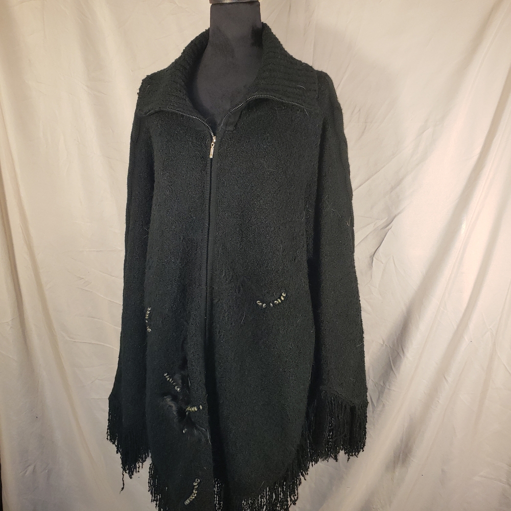 Black Fringe Zip-Up Cardigan